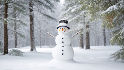 Obraz premium Cheerful Snowman Figure in Enchanting Snow Covered Forest Landscape.