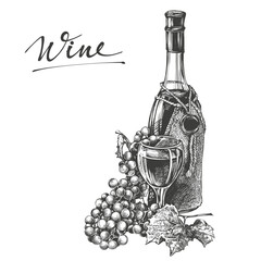 A bottle of wine with a glass and grapes hand drawn vector illustration realistic sketch
