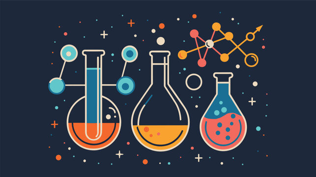 Colorful chemistry illustration with beakers, test tubes, and molecular structures on a dark background.