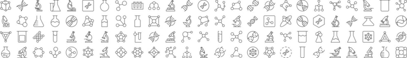 Chemistry Line Icon Set. Modern Collection for Design, Web Sites, Apps, Cards. Contains Linear Images of Chemical Compound, Laboratory Bulbs, Atom