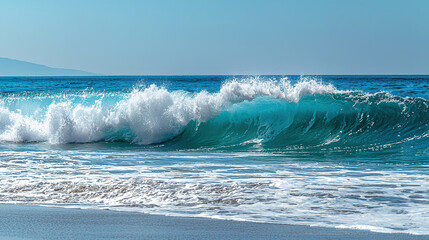 Fototapeta premium Powerful colossal ocean wave rising dramatically against clear blue sky