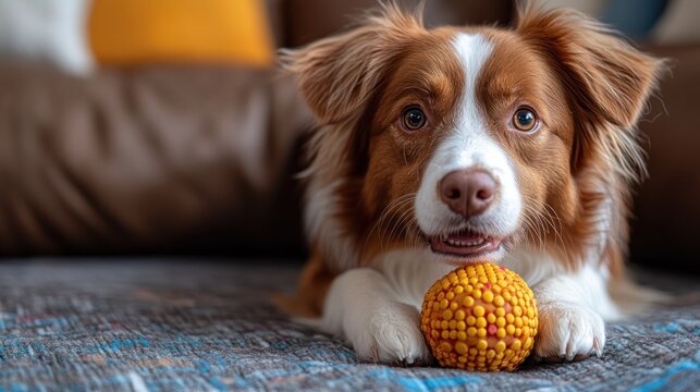 Dog playing with a colorful ball on a cozy carpet.