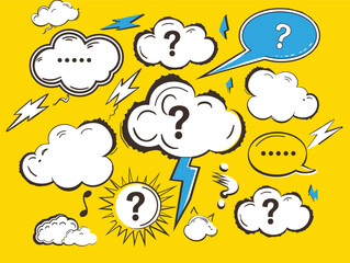 Naklejka premium Illustration of speech and thought bubbles with question marks on a vibrant yellow background.