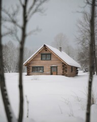 Cozy Log Cabin Surrounded by Winter Snow Landscape.