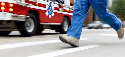 Naklejka premium A person in blue scrubs runs across a street near a red emergency vehicle, highlighting urgency and the medical response.