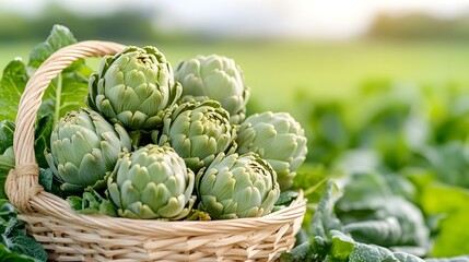 Obraz premium A basket of fresh artichokes sits in a lush green field, showcasing vibrant produce ready for harvest.