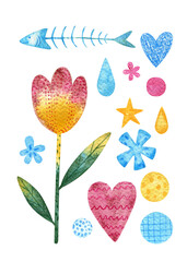 Set of bright watercolor children elements on a white background. For the design of stickers, posters, invitations. Fun elements pink, yellow and blue: flowers, crown, stars, drops, circles, confetti