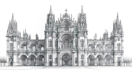 Fototapeta premium Detailed architectural illustration of a grand cathedral facade.