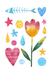 Set of bright watercolor children elements on a white background. For the design of stickers, posters, invitations. Fun elements pink, yellow and blue: flowers, crown, stars, drops, circles, confetti