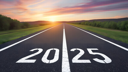 2025 written on highway road in the middle of empty asphalt road and beautiful blue sky. Concept for vision 2025.