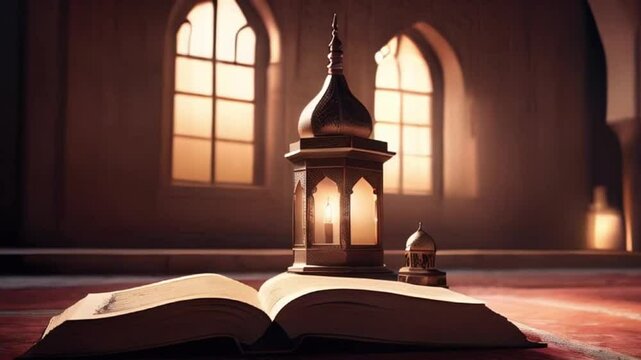 reading a book in mosque with latern HD resolution with hyper realistic nature, ai, captured beautiful use 4K Background