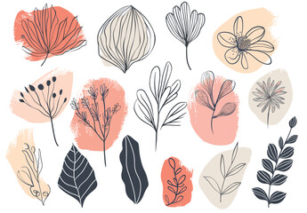 Artistic botanical illustration featuring various abstract floral designs and leaves on a colorful background.