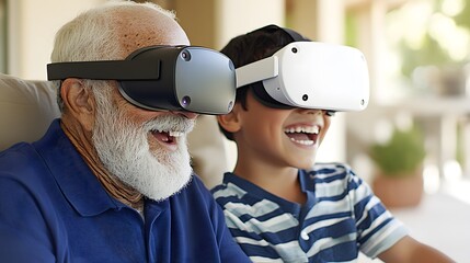 A joyful grandfather and grandson share an engaging virtual reality experience, both wearing VR headsets and laughing together.