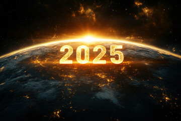 2025 text floating in space with an Earth background, shinning sun on space. new year concept