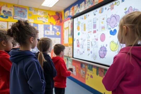 Children learning in a colorful classroom. They observe creative drawings and visuals on a large screen. Engaging education enhances their imagination. Generative AI