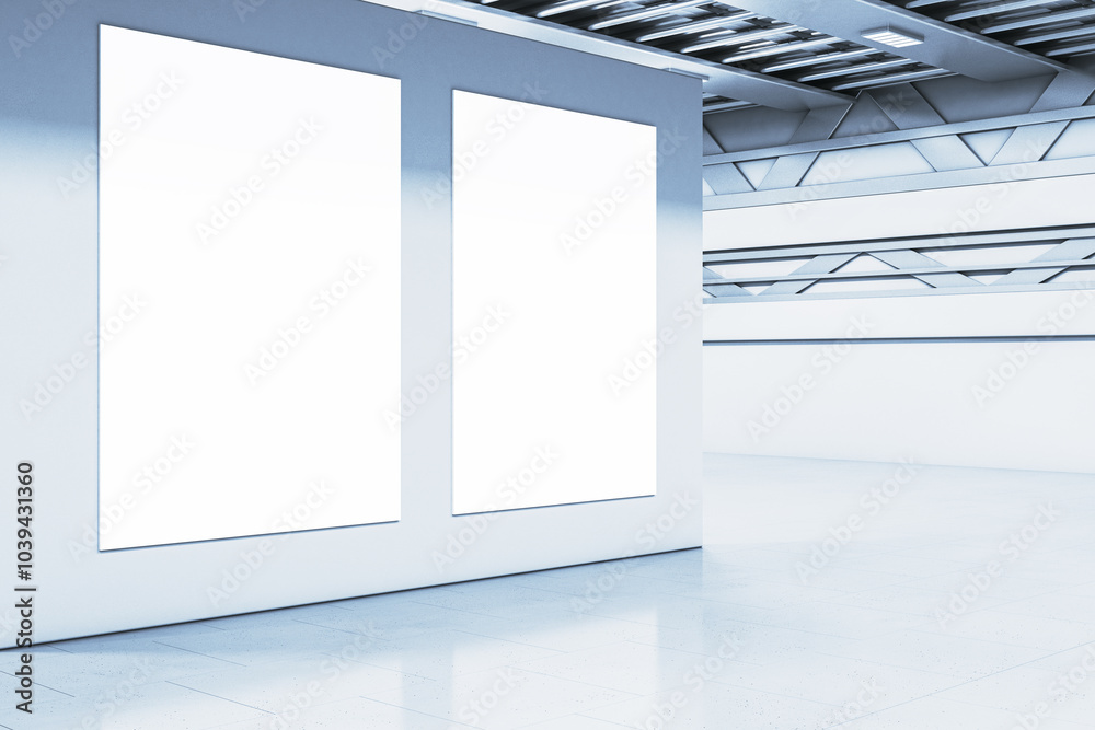 Poster modern spacious garage or warehouse interior with empty mock up billboard. 3d rendering.
