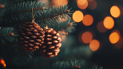 Festive Pine Cones with Cozy Background Bokeh Lights