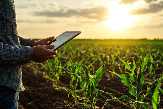 Male farmer using modern technology with tablet in soybean field, agricultural innovation in farming