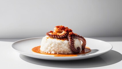 Exquisite Octopus Rice Platter with Paprika and Zesty Sauce - Gastronomic Seafood Delight.