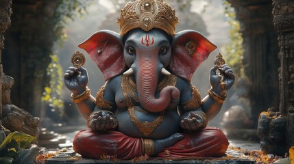 Obraz premium Divine hindu ganesha idol rich colors symbolic elements spiritual figure blessings protector power deity iconography artwork hinduism wellness