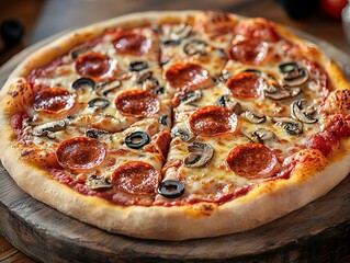 Pepperoni pizza with olives and mushrooms on a wooden board.