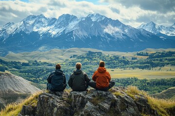Fototapeta premium Friends enjoying the view from mountain top, Generative AI