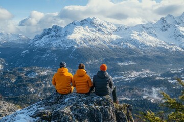Friends enjoying the view from mountain top, Generative AI