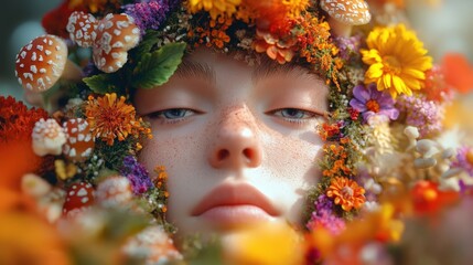 Closeup of a person's face surrounded by colorful flowers