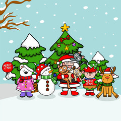 Santa and friends in Christmas celebration illustration by hand drawn.