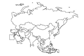 Asia map Outline, Linear Doodle Drawing. for website layouts,background,education, precise,customizable,Travel worldwide,map silhouette backdrop,earth geography, political,reports.