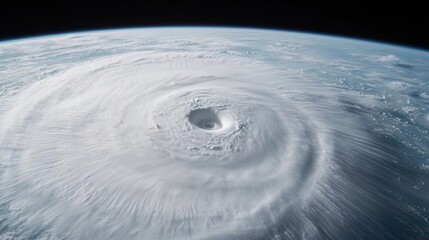 Aerial view of a powerful hurricane swirling over the ocean.