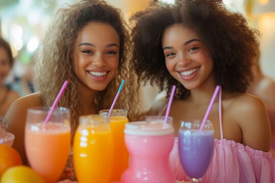 Friends celebrating baby shower with juices, Generative AI