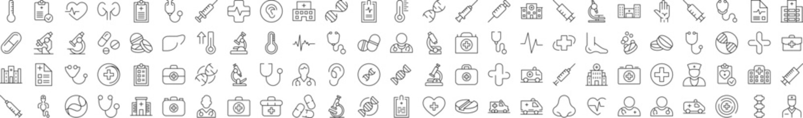 Hospital Icon Bundle. Contains Icons of Organs, Doctor, Pills, Syringe, Clinic that Can Be Used for Design of Cards, Posts, Apps, Web Sites