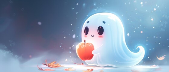 Fototapeta premium Adorable Ghost Holding a Pumpkin in Autumn Setting
