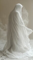 christmas angel floating in the air covered with a thin transparent fabric that turns into a thick fog