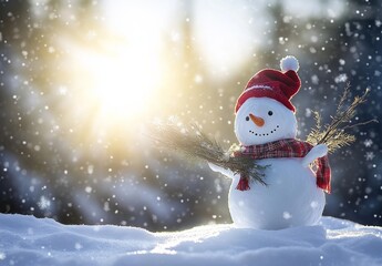 Snowman with red hat and scarf carrying branches in a snowy winter forest, Christmas card style with sun shining and falling snowflakes.