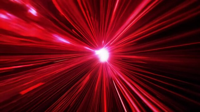 Red glow light rays with time warp on rotate and zoom in effect background. Perspective view of red laser light burst motion. Towards Camera. 4K Video