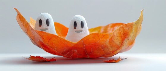 Naklejka premium Cute Ghosts Nestled in Autumn Leaves