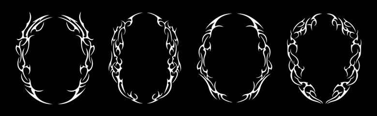 Neo tribal y2k frames set. Neotribal gothic style shape, futuristic abstract borders. Cyber sigilism vintage design elements. Celtic gothic body retro ornaments, emo oval forms for typography, tattoo