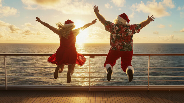 Christmas cruise concept. Santa and Mrs. Claus leap joyfully on a tropical Christmas cruise, celebrating the holidays at sea during a beautiful sunset. Image made using Generative AI.