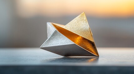 Modern geometric brooch made from gold and silver placed on a sleek minimalistic surface highlighting its bold and contemporary aesthetic