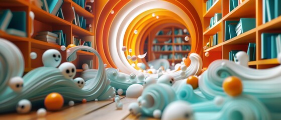 Obraz premium Cute Ghosts in a Colorful Library Environment