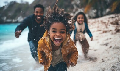 Young family playing on the beach, Generative AI