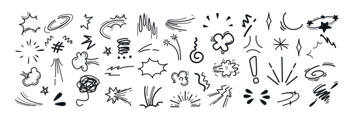 Line movement elements, japanese manga emotion effects doodle icons set. Hand drawn black anime comic expression symbols or scribbles. Action lines, explosions, swirls, emphasis and exclamation marks