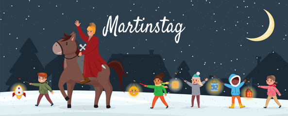 St. Martin&rsquo;s Day scene with kids carrying lanterns, rider in red coat with sword, snowy night. St. Martinstag