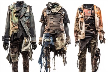 Fototapeta premium Post-apocalyptic fashion blends rugged designs with worn textures, protective elements, and distinctive accessories, capturing a raw survival spirit.