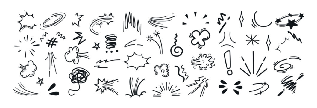 Line movement elements, japanese manga emotion effects doodle icons set. Hand drawn black anime comic expression symbols or scribbles. Action lines, explosions, swirls, emphasis and exclamation marks