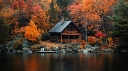 Fototapeta premium Charming log cabin surrounded by vibrant autumn foliage near a tranquil lake at sunset