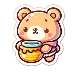 Naklejka premium Cute bear character holding honey pot, featuring soft color palette and cheerful expression. This adorable design is perfect for childrens products or playful themes