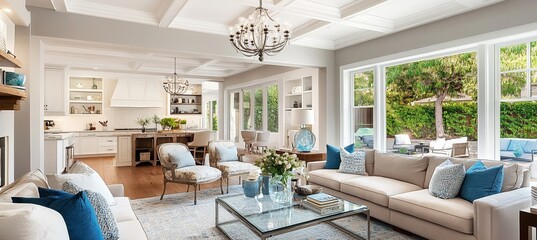 Bright and airy living room with large windows, modern decor, and cozy seating near a glass coffee table, revealing an open kitchen.